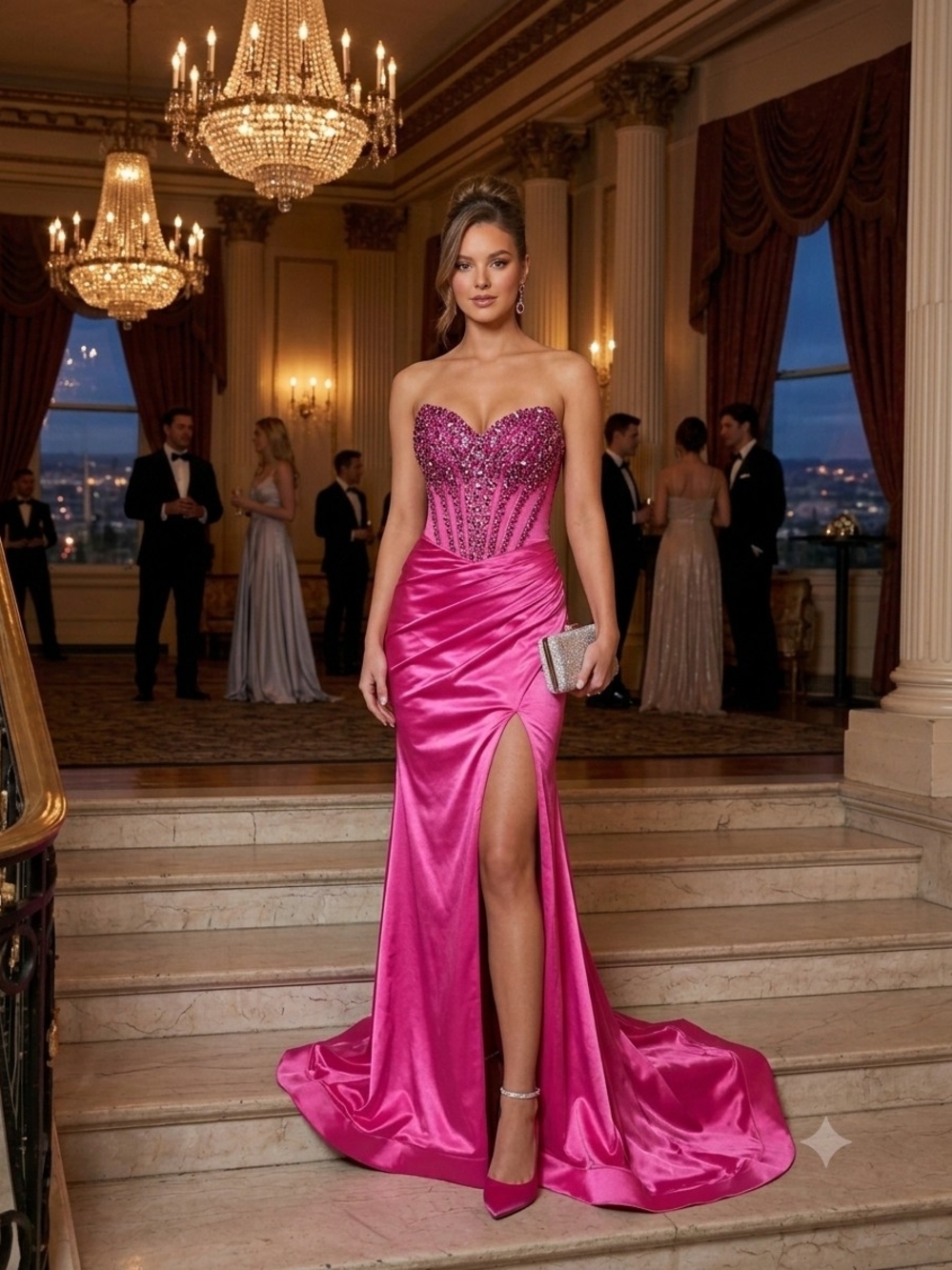 Portia & Scarlett Fuchsia Pink Beaded Corset Satin Slit Gown PS26002 NWT 2
